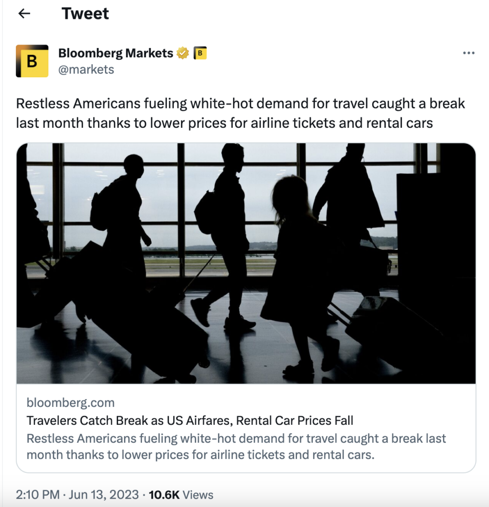 Screenshot of a tweet from Bloomberg Markets about travel spiking amidst the drop in airfares