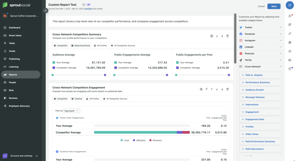 A custom report in Sprout where the Cross-Network Competitors Summary widget and Cross-Network Competitors Engagement widget have been selected for the custom report to highlight competitor performance.