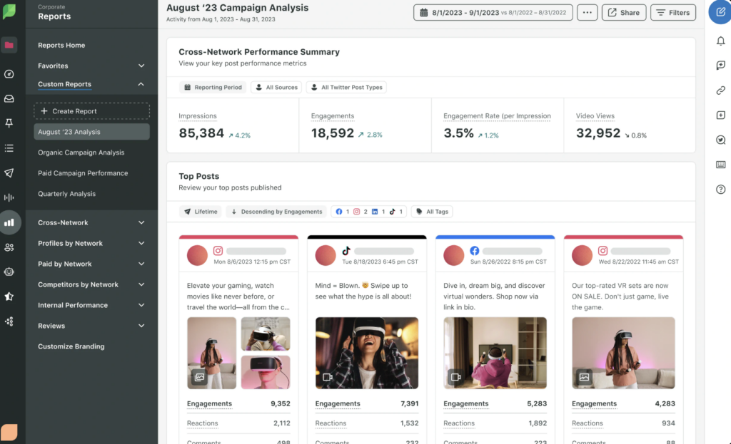 Sprout analytics report shows cross-network performance summaries and the different content types on each network.