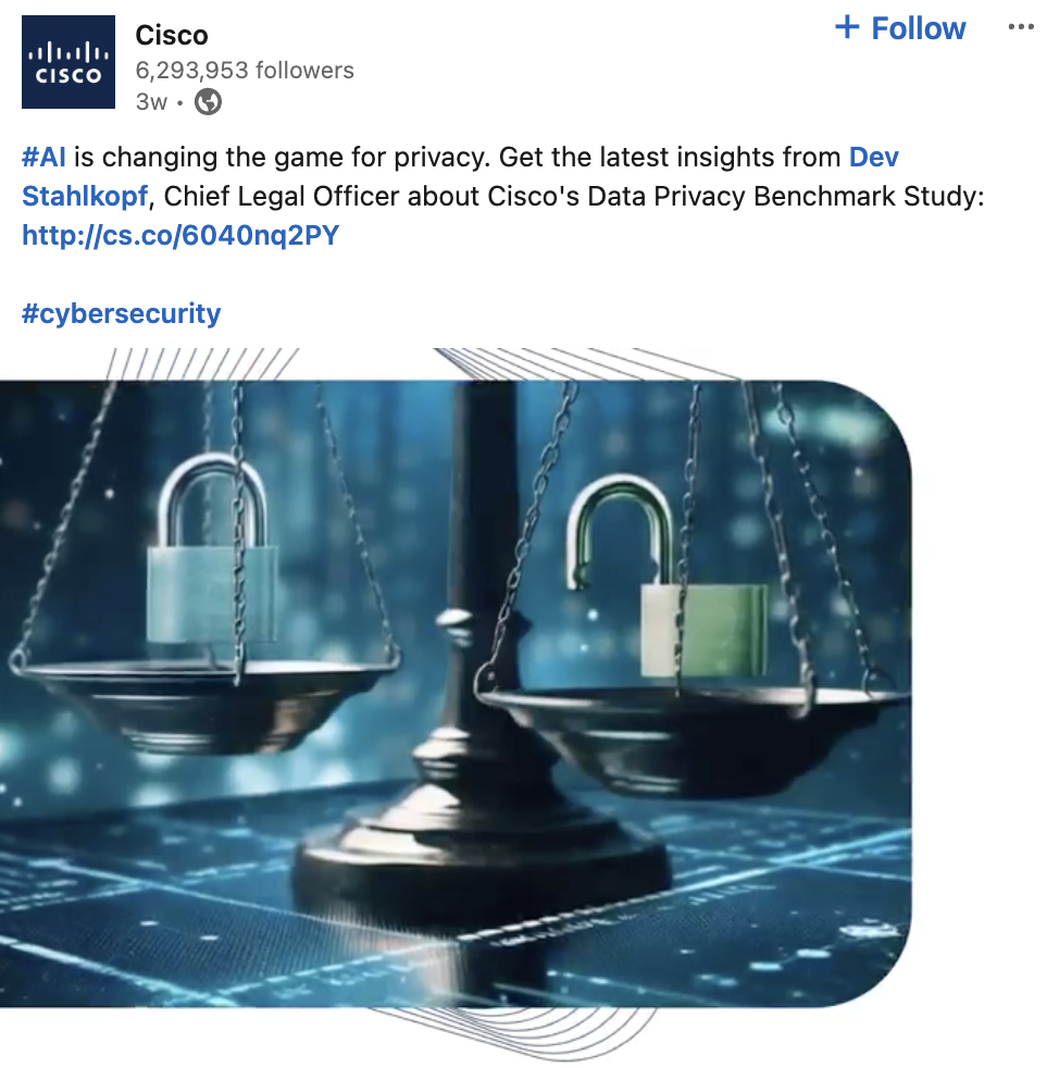 CISCO’s LinkedIn page, featuring a post on AI trends and insights.