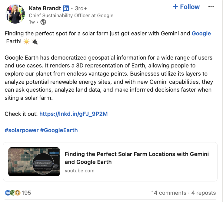 A LinkedIn post from Google's Chief Sustainability Officer about using Gemini and Google to find the locations for sustainable energy locations