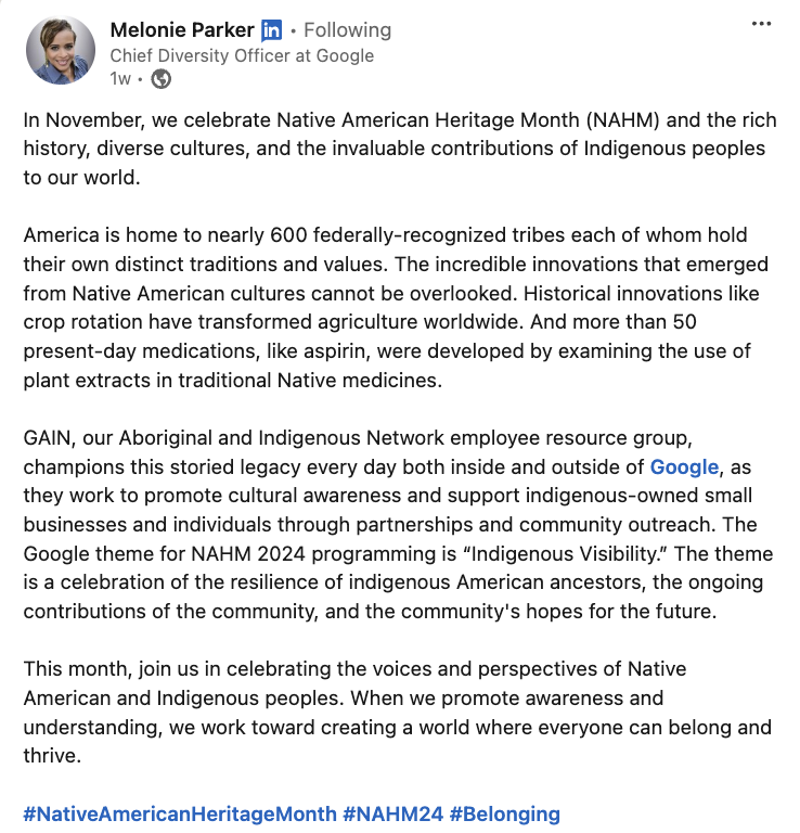 A post from Google's Chief Diversity Officer about the company's celebration of National Native American Heritage Month