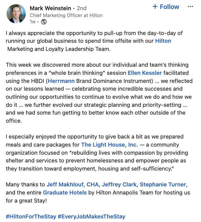 A LinkedIn post from Hilton's CMO about his team's offsite event