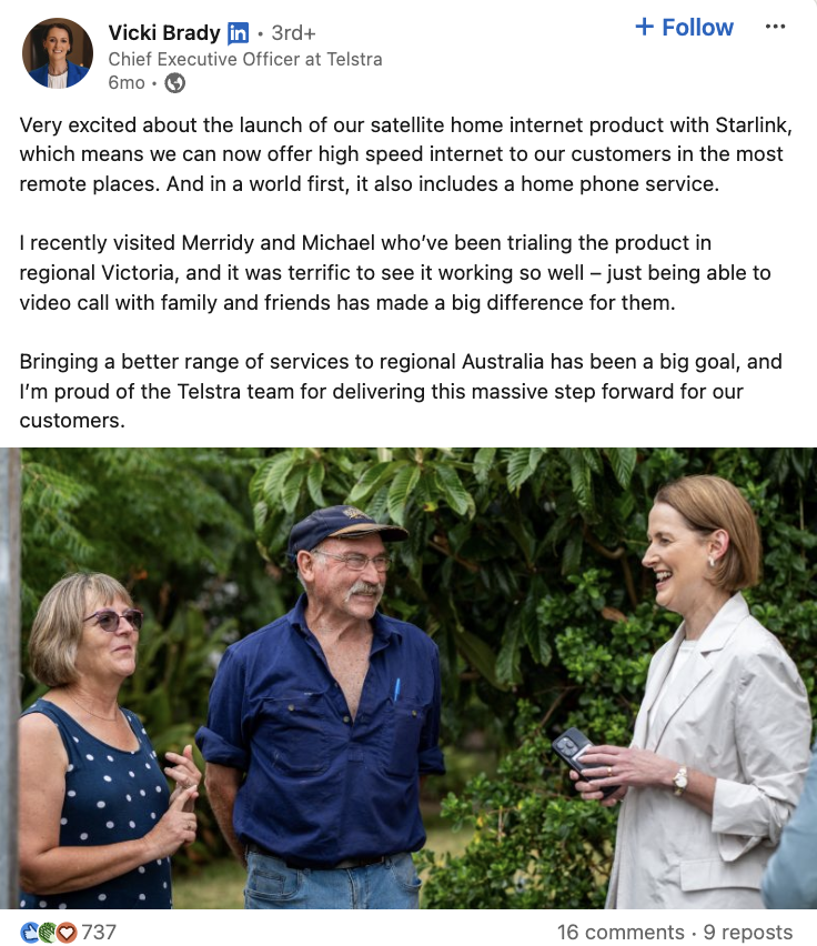 A LinkedIn post from Telstra's CEO about the launch of their satellite home internet product and her conversations with customers