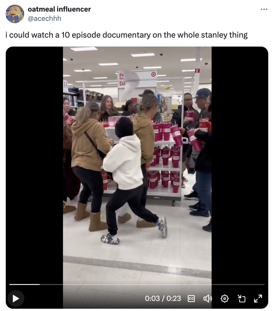 An X post sharing how Stanely's Quencher flask campaign went viral