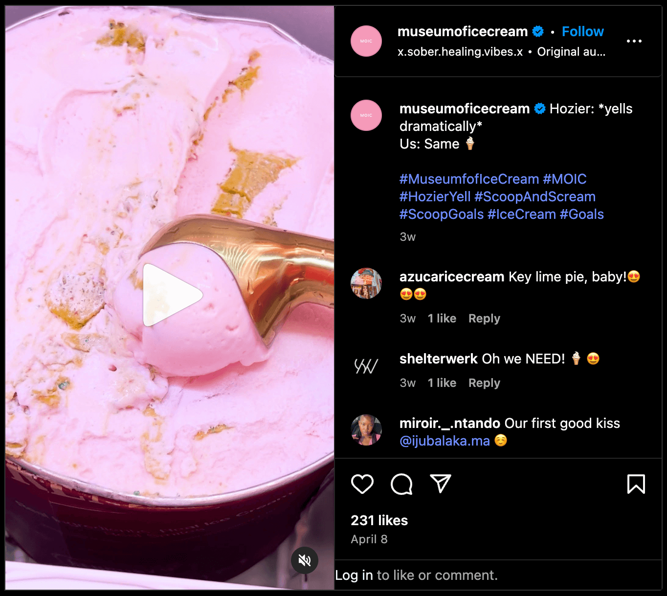 Instagram video screenshot of a Museum of Ice Cream employee scooping pink ice cream