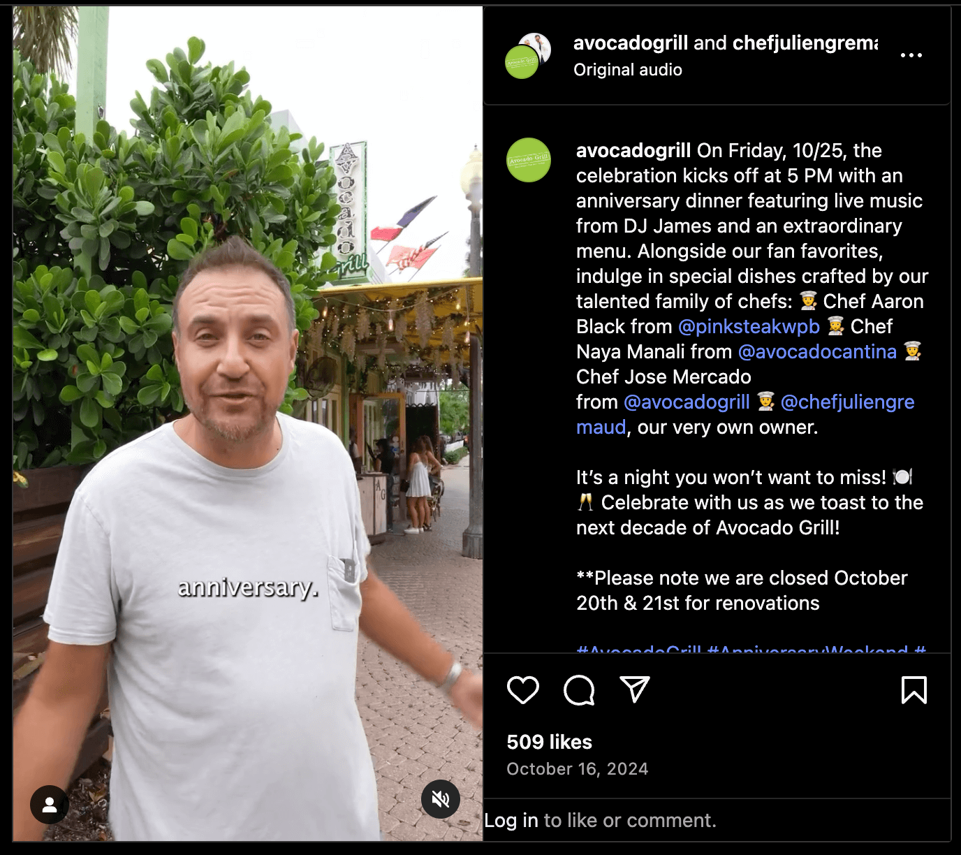 An Instagram video screenshot showing the owner of Avocado Grill in front of the restaurant