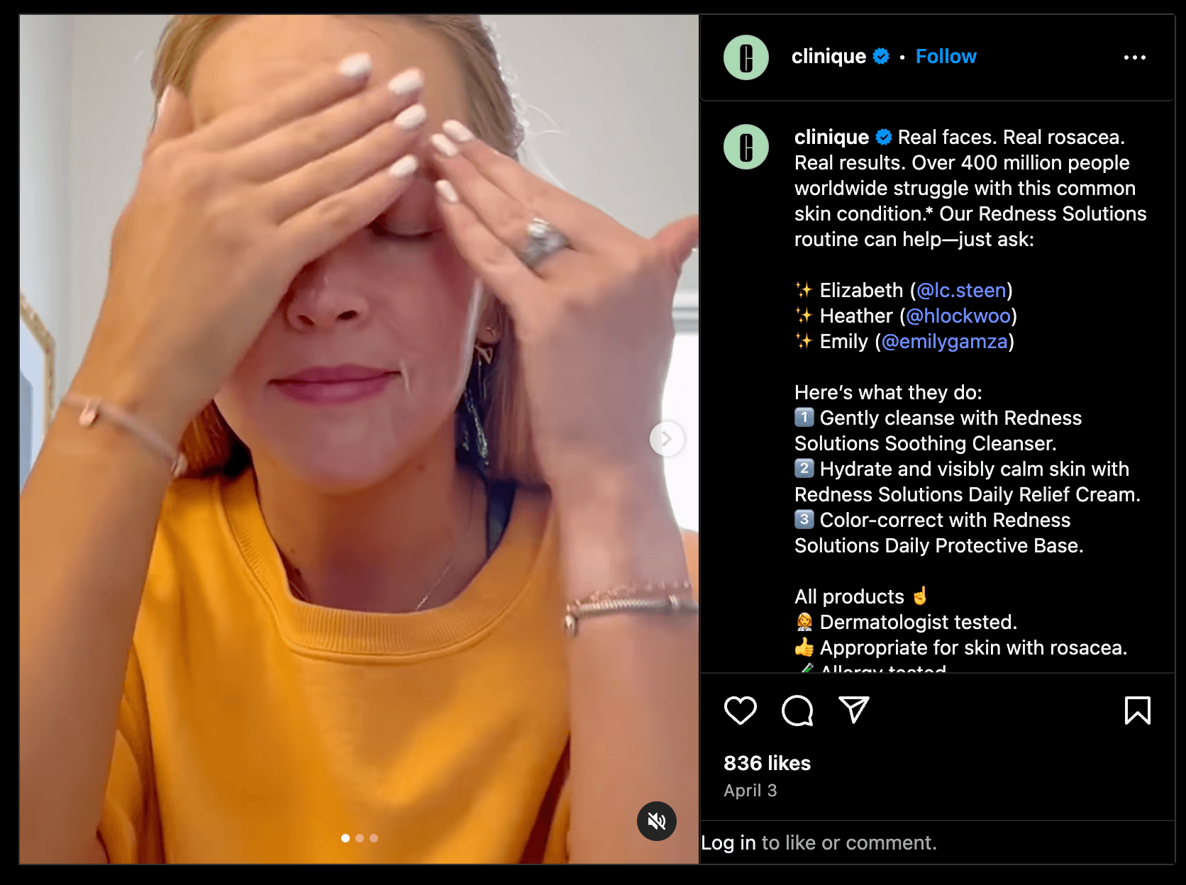 A Clinique Instagram video screenshot featuring a customer describing their experience using the brand