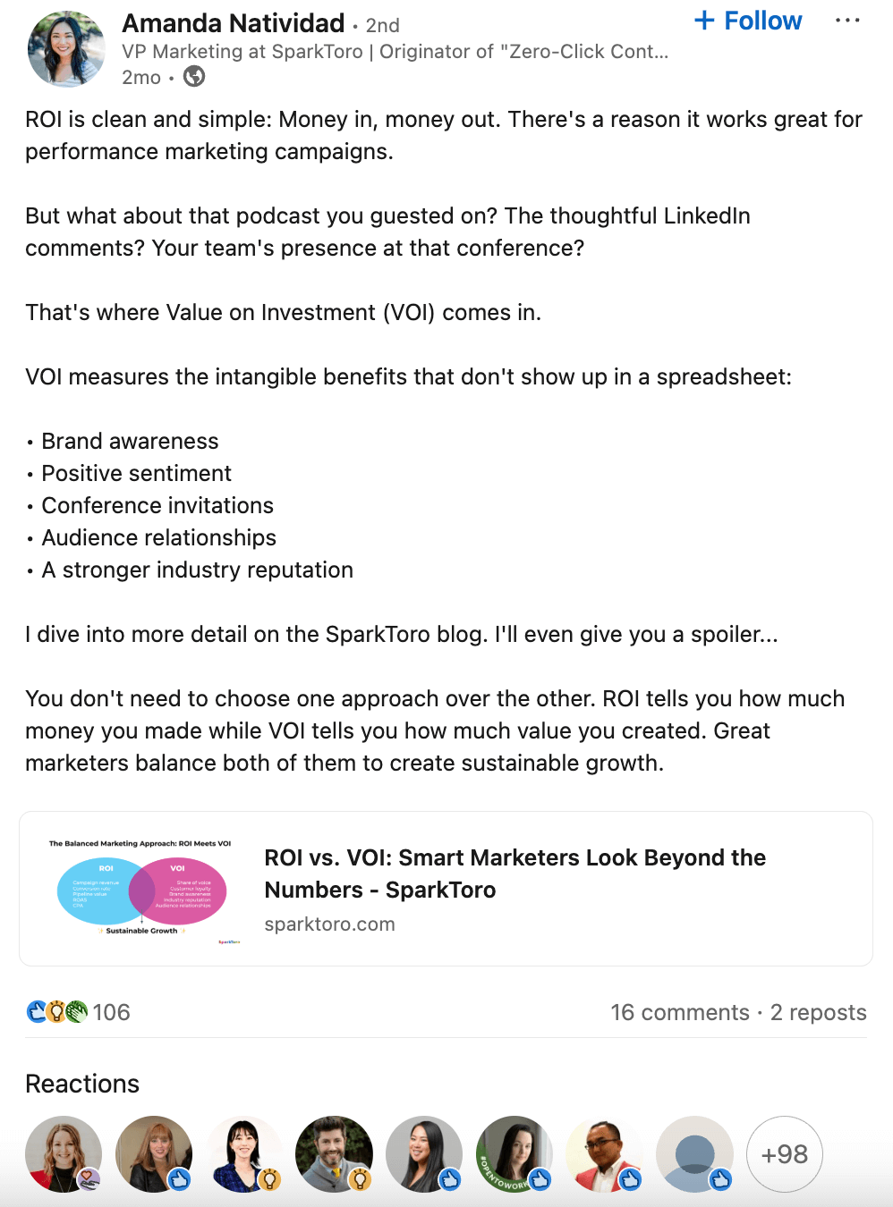 A SparkToro employee's LinkedIn post announcing a new blog post on ROI vs. VOI