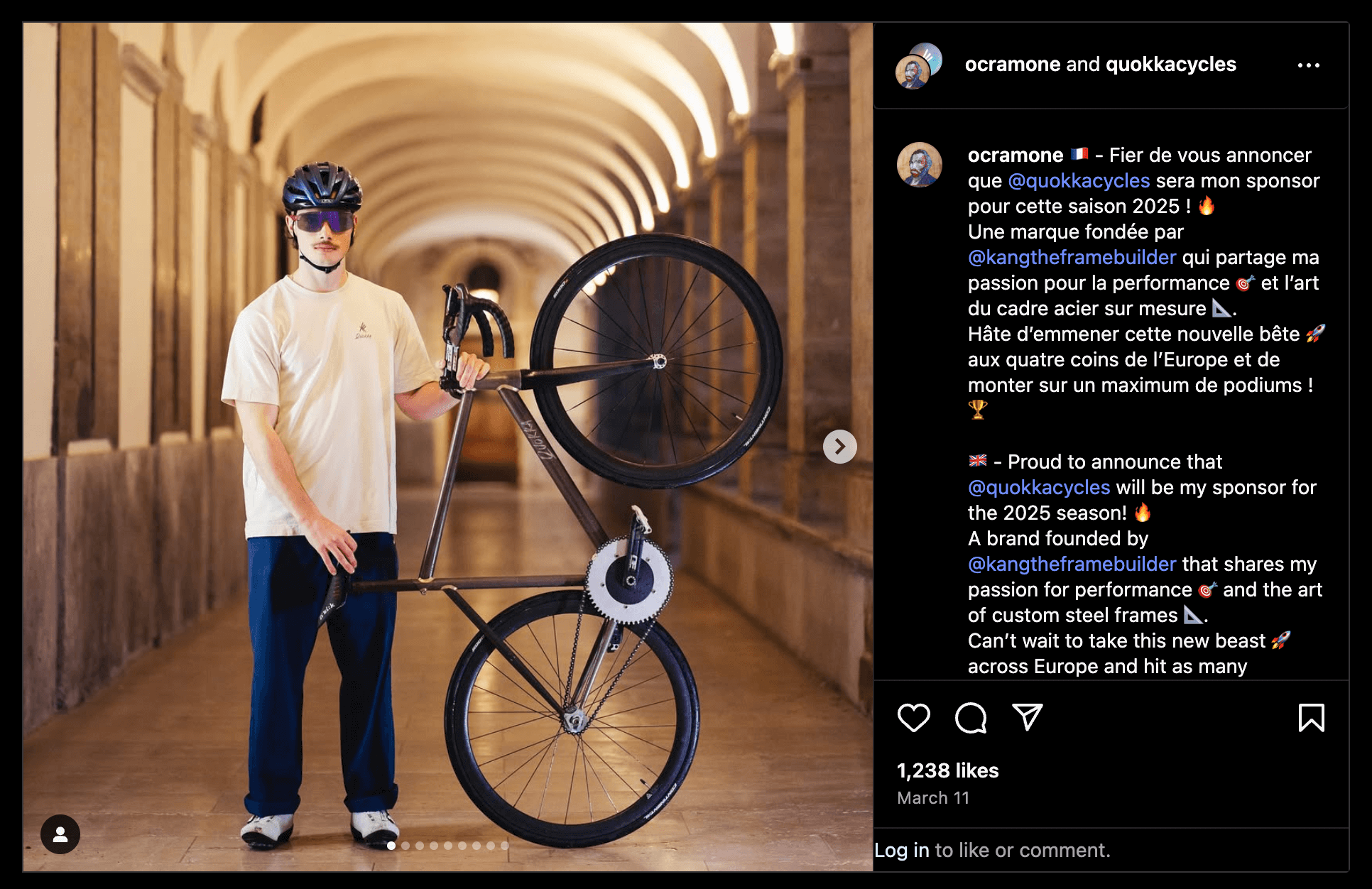 Screenshot of an Instagram post that shows a biker holding his bicycle at an angle