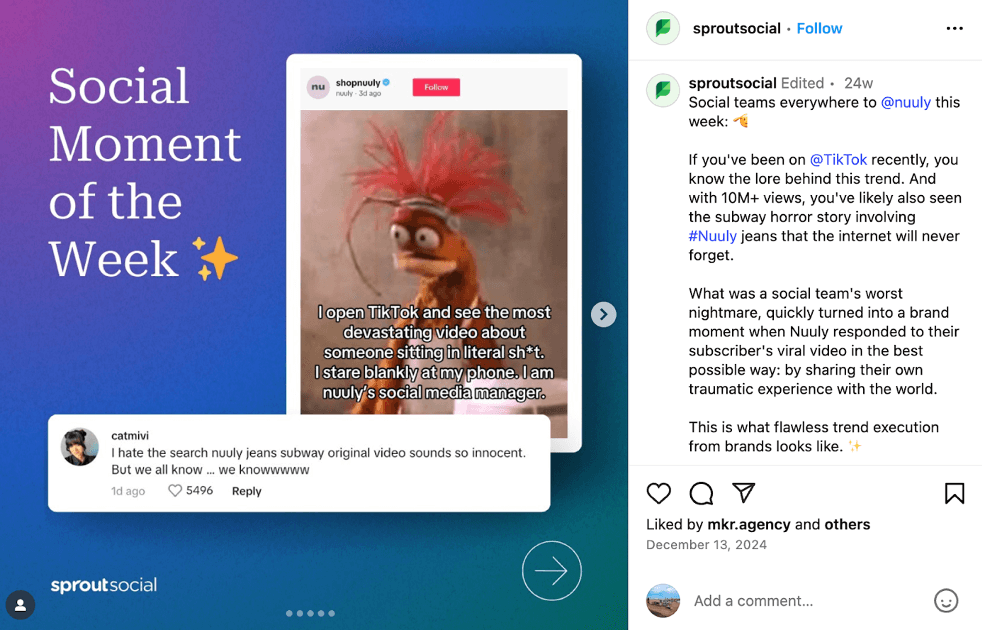 An Instagram post by Sprout on its Social Moment of the Week featuring a meme on Nuuly.
