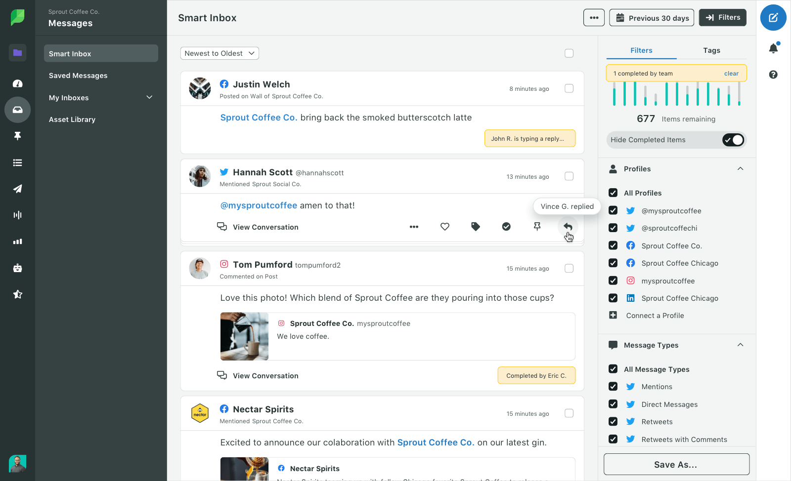 Sprout Social Smart Inbox dashboard for real-time social media management and customer engagement