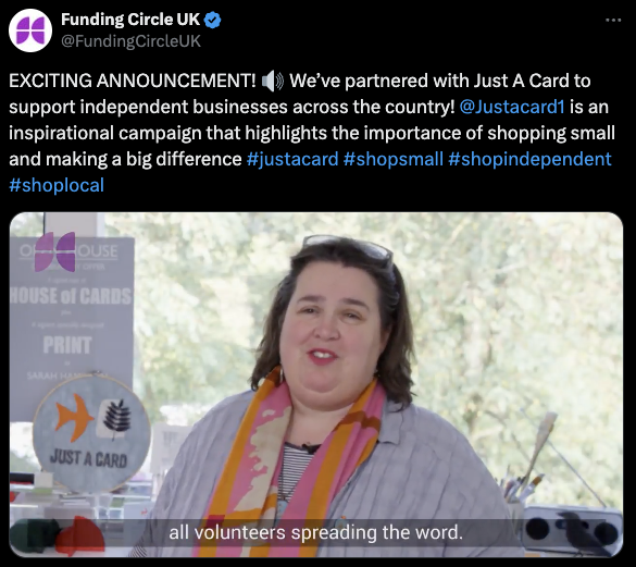 Funding Circle’s X post announces a new partnership with the founder of Just a Card 