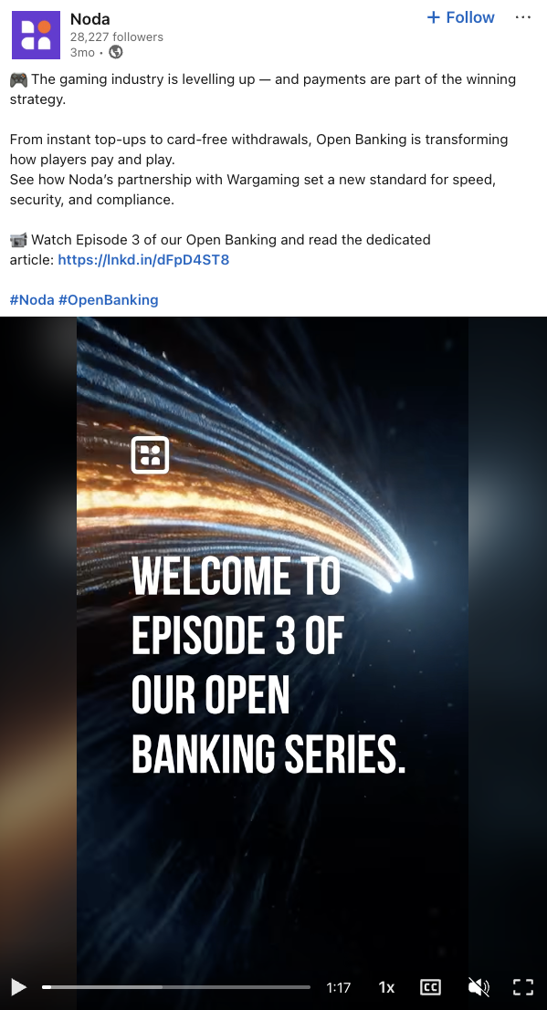 Noda’s LinkedIn post announces its partnership with Wargaming to launch instant banking for online gamers 
