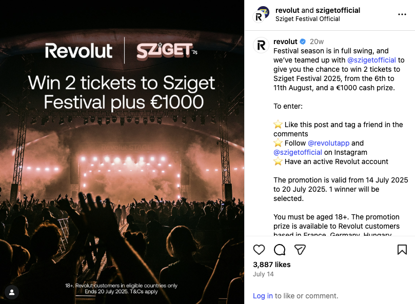 Revolut’s Instagram post shows a concert stage with a text overlay that reads: Win 2 tickets to Sziget Festival plus €1,000 