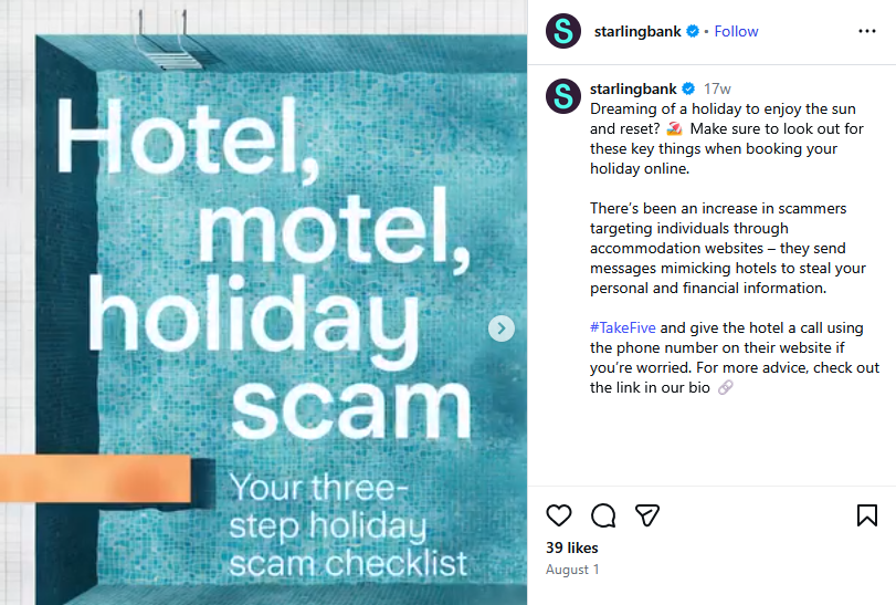 Starling Bank’s Instagram post about a three-step scam checklist features “hotel, motel, holiday scam” over a pool image 
