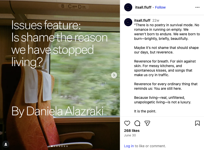 Fluff shares a carousel repurposing one of their blog issues to their Instagram audience. 