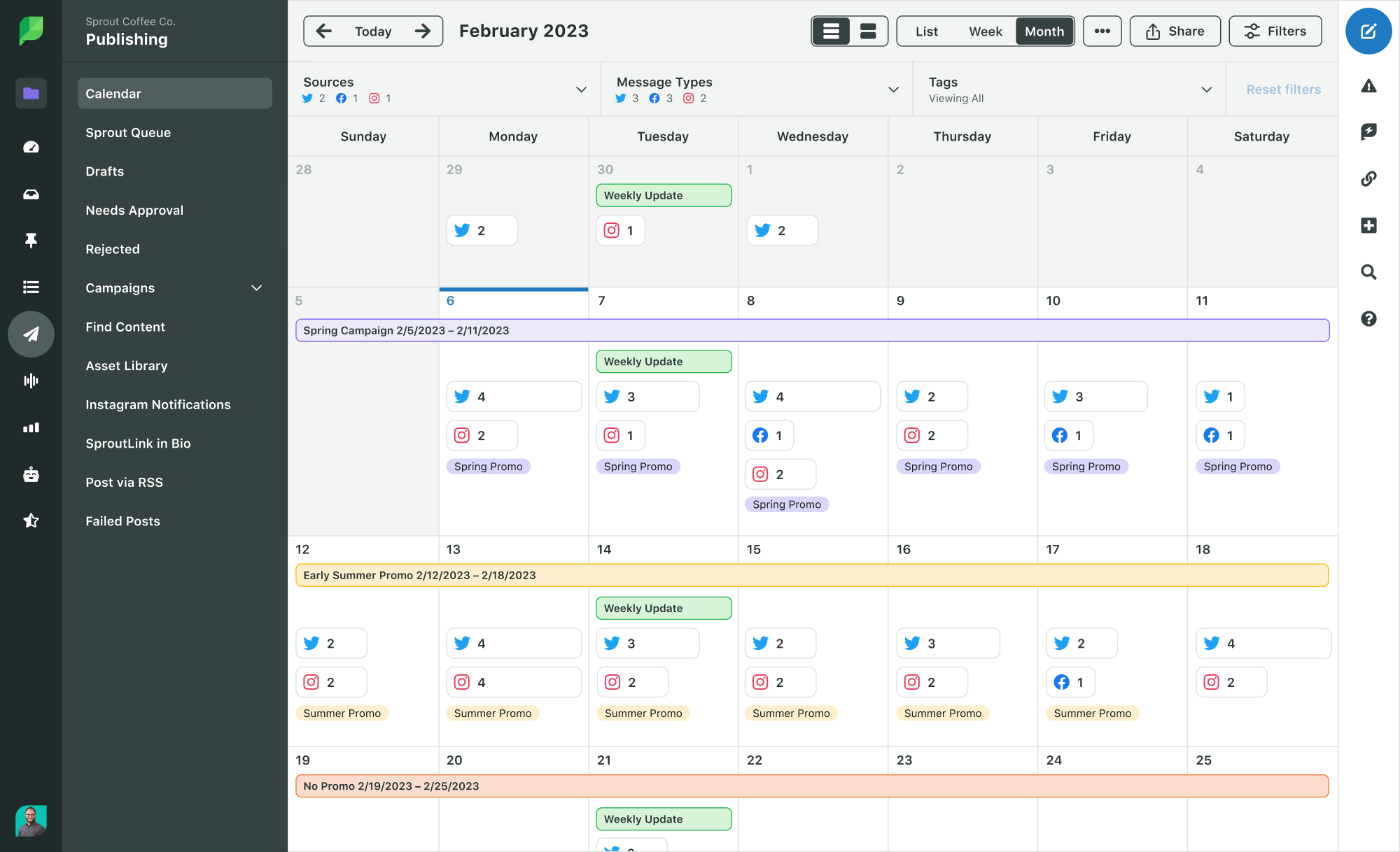 Sprout Social offers a detailed calendar so you can see posts across multiple accounts and networks. 