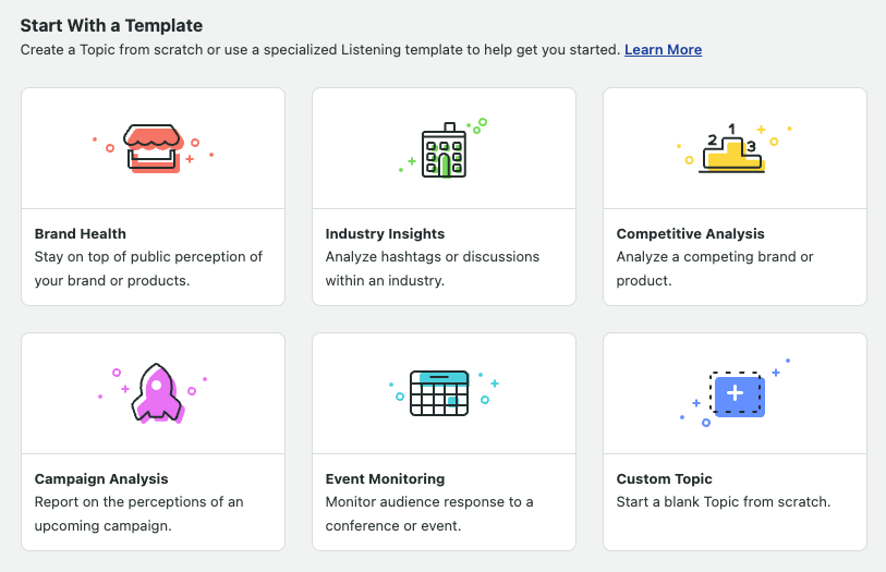 Sprout Social’s Listening Templates dashboard featuring menu items like Brand Health