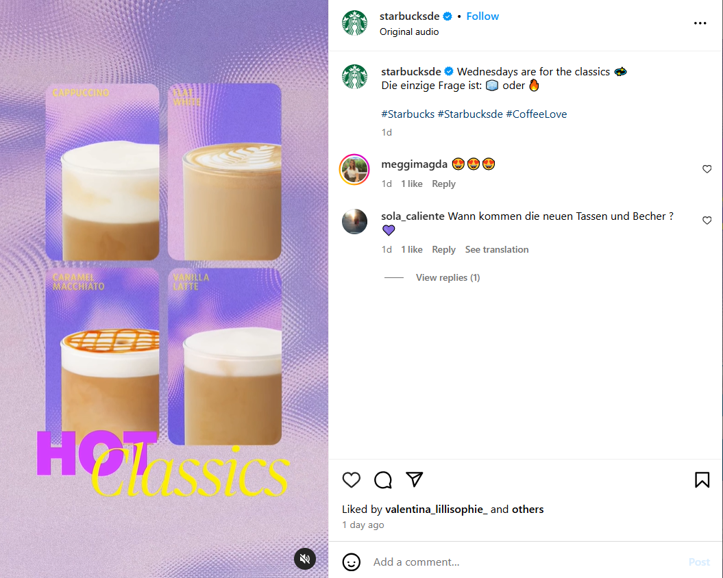 A post from Starbucks Germany on Instagram, which shares copy in both English and German. 