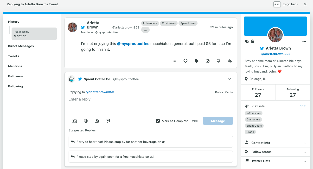 A screenshot of suggested replies in Sprout Social. These tools can speed up your social media response time and reduce time spent writing manual messages.