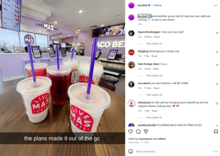 An Instagram post from Taco Bell promoting new locations of the brand’s Live Mas cafes.