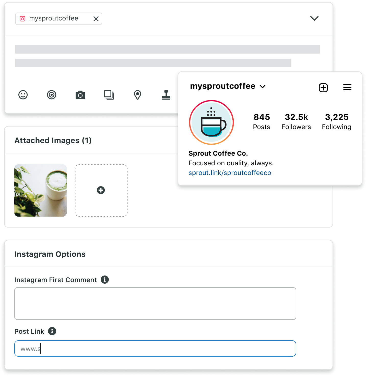 En plus des premiers commentaires inclus dans les options Instagram, vous pourrez ajouter un lien de publication directement dans le module Rédiger lorsque vous créez des contenus pour Instagram.