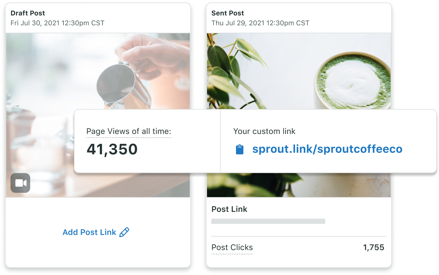 En examinant de plus près le lien Sprout dans l'onglet Biographie, vous verrez que vous pouvez ajouter des liens de contenu aux nouvelles publications ainsi qu'à celles qui ont déjà été publiées et consulter les vues de la page et les données « post-clic ».