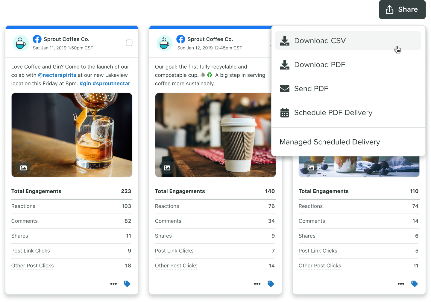 O relatório de desempenho do post em todas as redes do Sprout apresenta seus principais posts e suas taxas de interação, além das métricas de desempenho detalhadas. Veja este relatório diretamente no Sprout ou exporte-o em PDF.​​ 