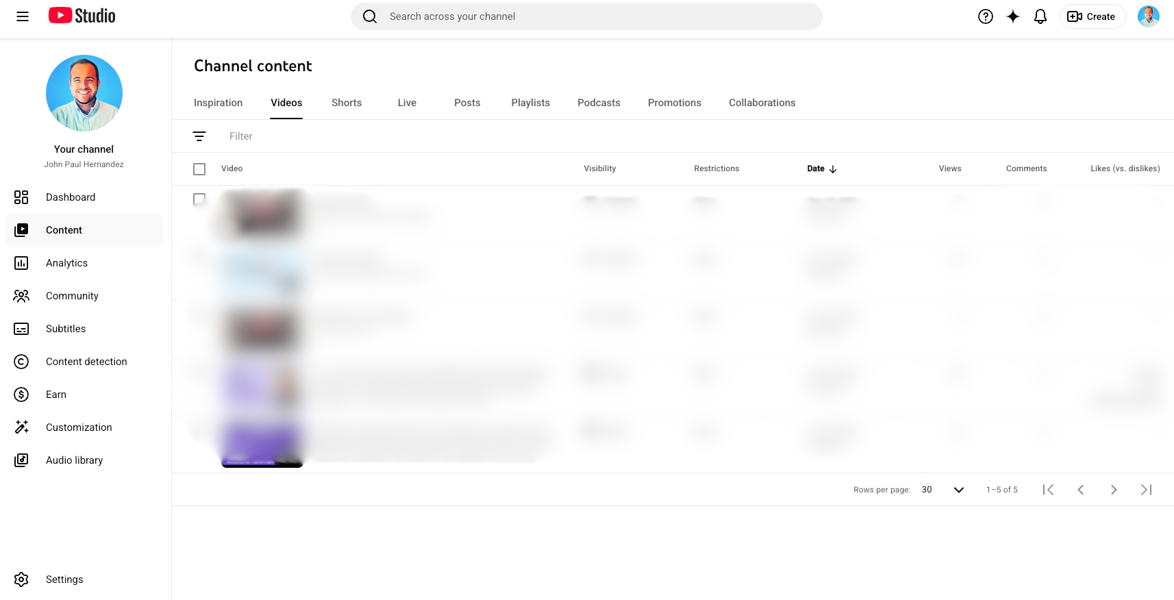Channel content dashboard showing videos and metrics