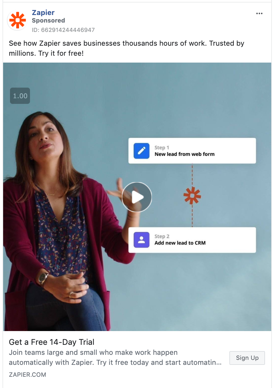 Screenshot of a Zapier video ad promoting their free trial.